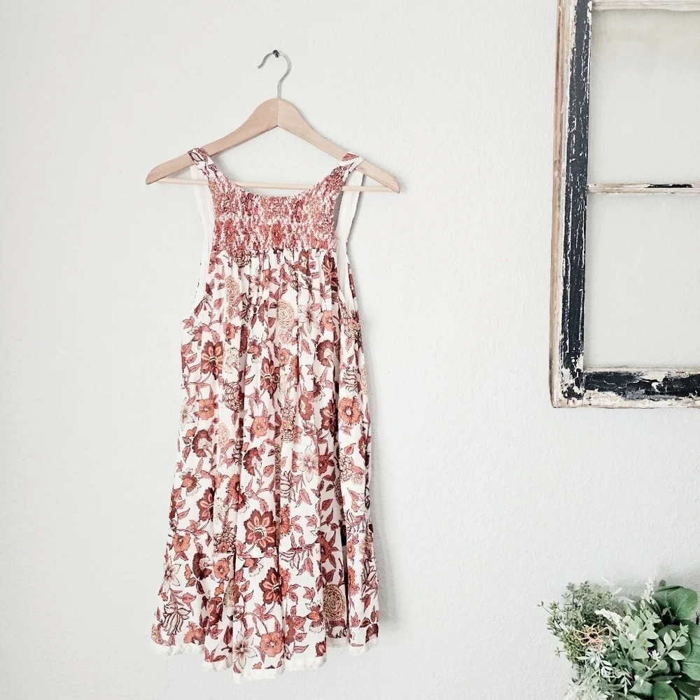 Free People Oh Baby Floral Mini Dress Swing Fully Lined White Cotton Smocked XS